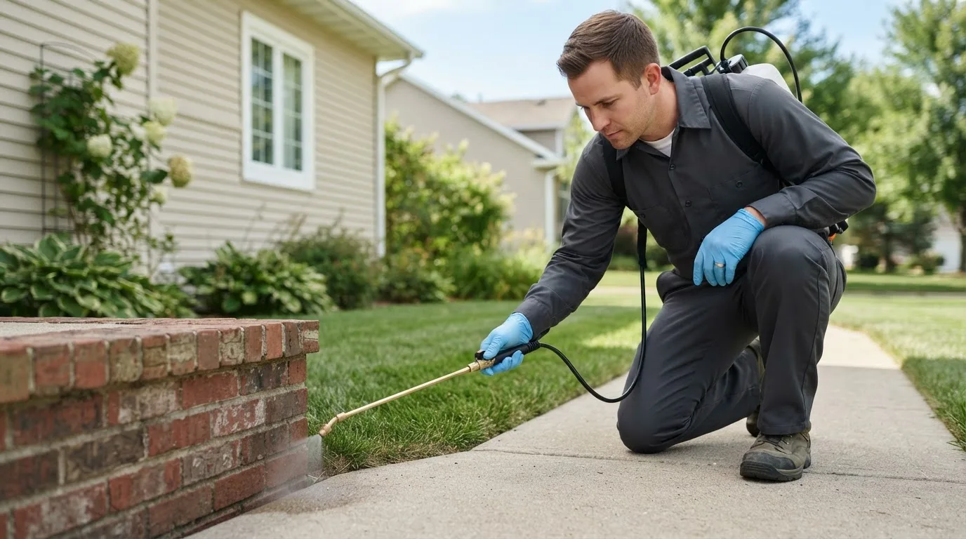 Pest control technician treating a home near Millerton, OK