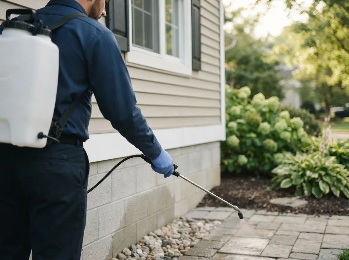 Pest control technician inspecting a home in Millerton, OK
